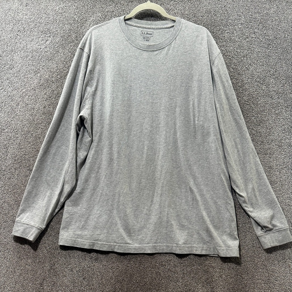 LL Bean Mens Carefree Unshrinkable Tee Large Gray Long Sleeve T-Shirt Minimalist - Picture 1 of 8